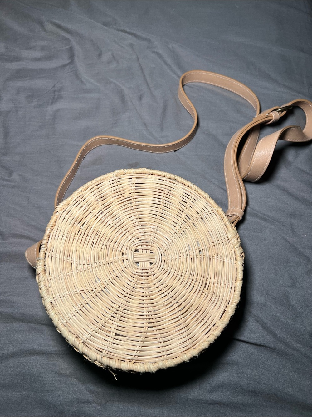 Woven Round Crossbody Bag in Natural with Tan Strap